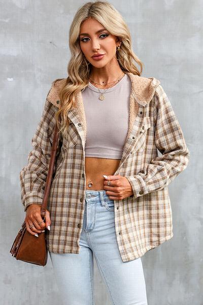 Plaid Snap Down Hooded Jacket - Browngold Fashion