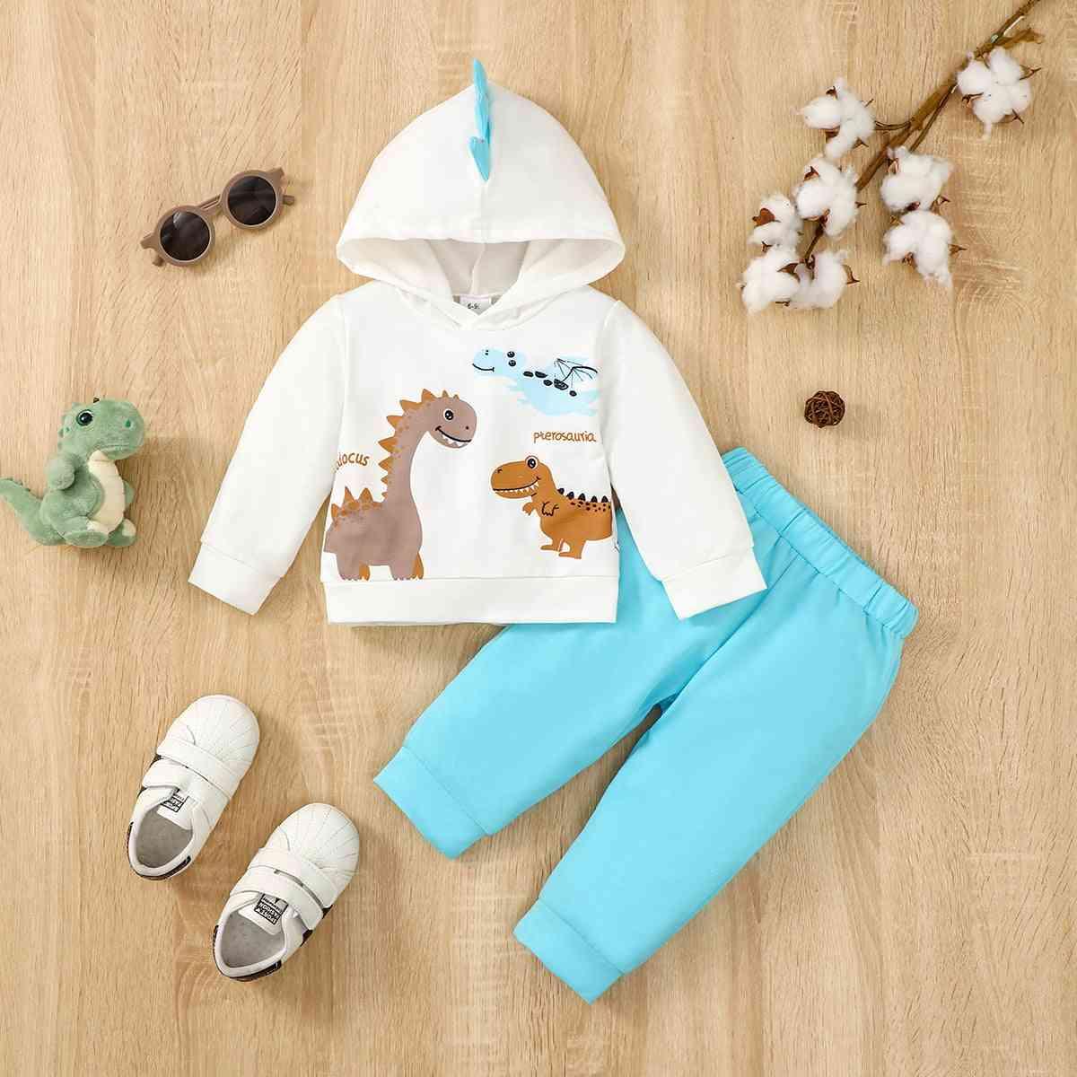 Dinosaur Graphic Hoodie and Pants Set - Browngold Fashion