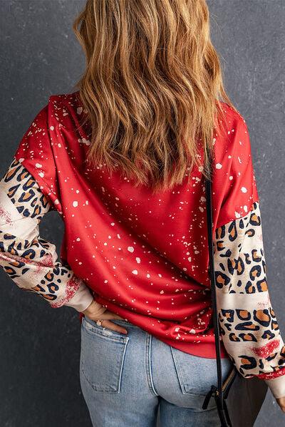 Heart Leopard Round Neck Sweatshirt - Browngold Fashion