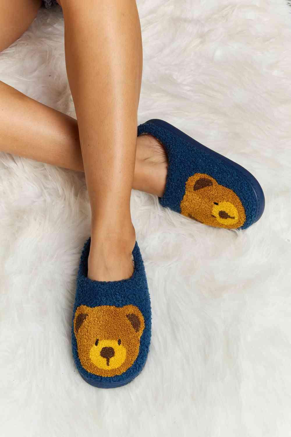 Melody Teddy Bear Print Plush Slide Slippers - Browngold Fashion