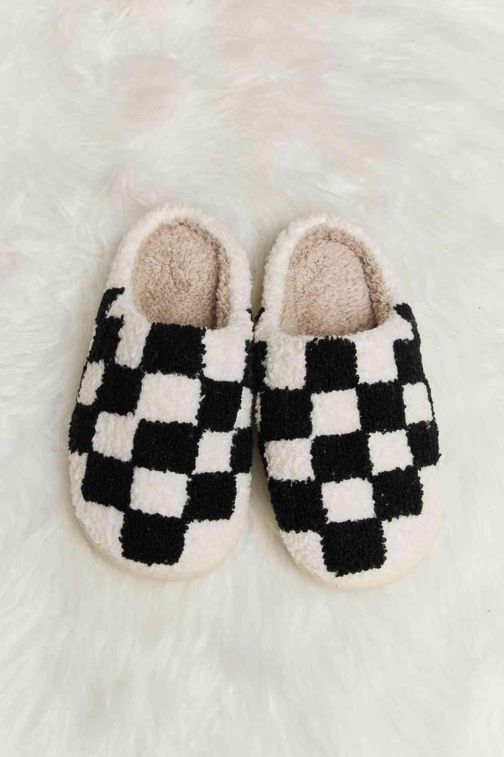 Melody Checkered Print Plush Slide Slippers - Browngold Fashion