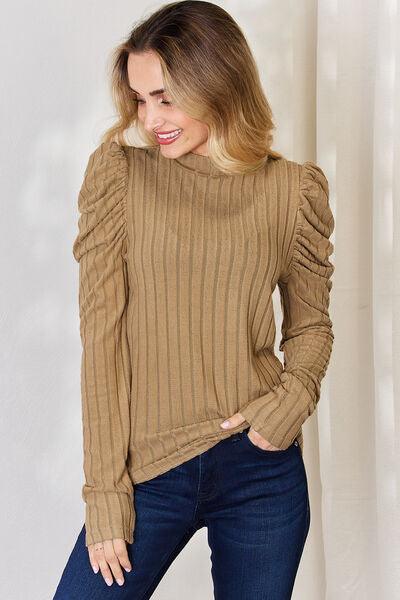 Basic Bae Full Size Ribbed Mock Neck Puff Sleeve T-Shirt - Browngold Fashion