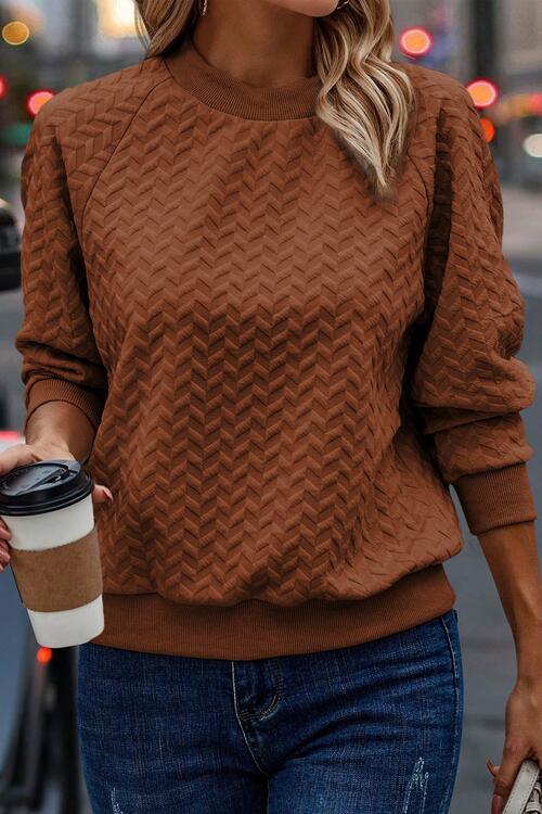 Texture Round Neck Long Sleeve Sweatshirt - Browngold Fashion