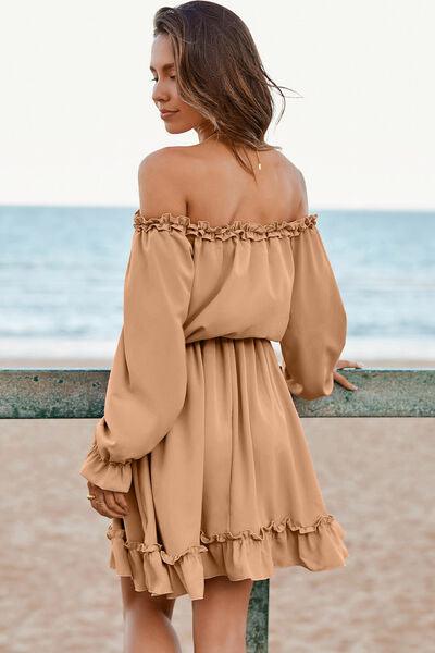 Frill Off-Shoulder Flounce Sleeve Dress - Browngold Fashion