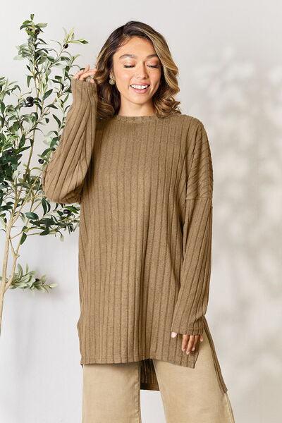 Basic Bae Full Size Ribbed Round Neck Long Sleeve Slit Top - Browngold Fashion