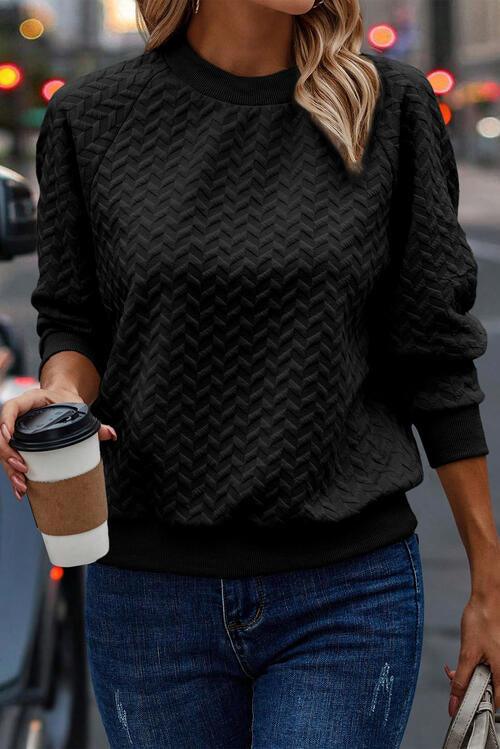 Texture Round Neck Long Sleeve Sweatshirt - Browngold Fashion