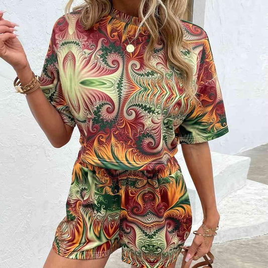 Printed Round Neck Dropped Shoulder Half Sleeve Top and Shorts Set - Browngold Fashion