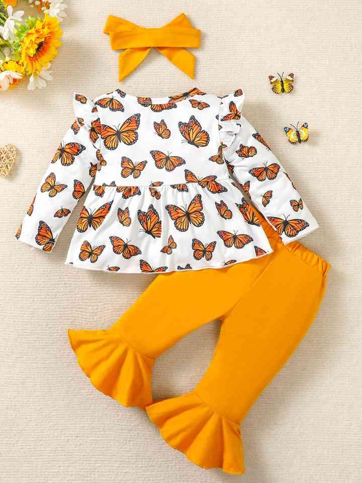 Butterfly Print Top and Pants Set - Browngold Fashion