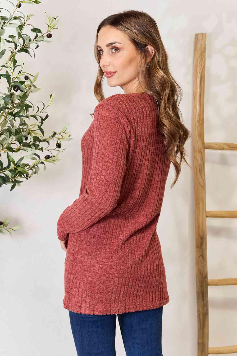 Double Take Ribbed Button-Up Cardigan with Pockets - Browngold Fashion