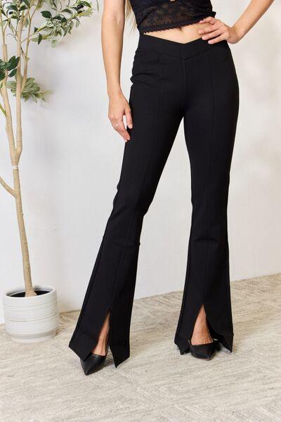 Kancan V-Waistband Slit Flare Pants - Browngold Fashion