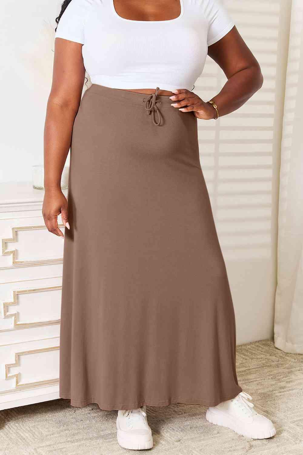 Double Take Full Size Soft Rayon Drawstring Waist Maxi Skirt Rayon - Browngold Fashion