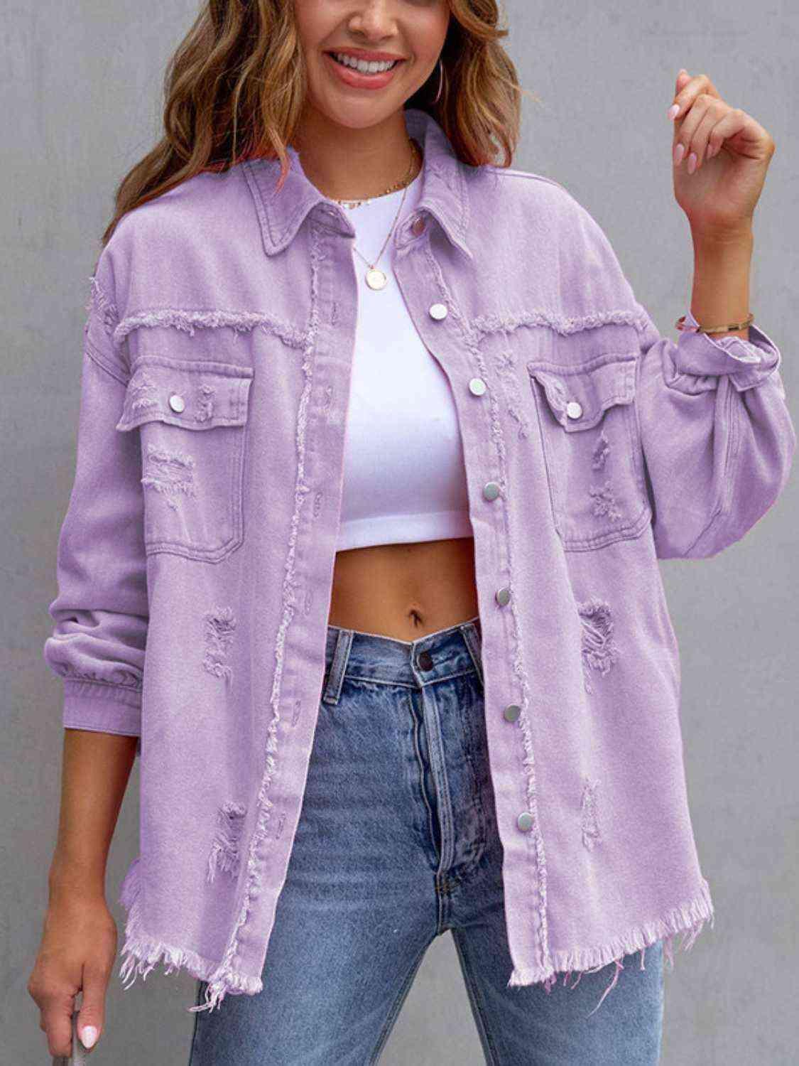 Distressed Drop Shoulder Denim Jacket - Browngold Fashion