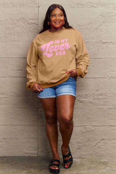 Simply Love Full Size IN MY LOVER ERA Round Neck Sweatshirt - Browngold Fashion