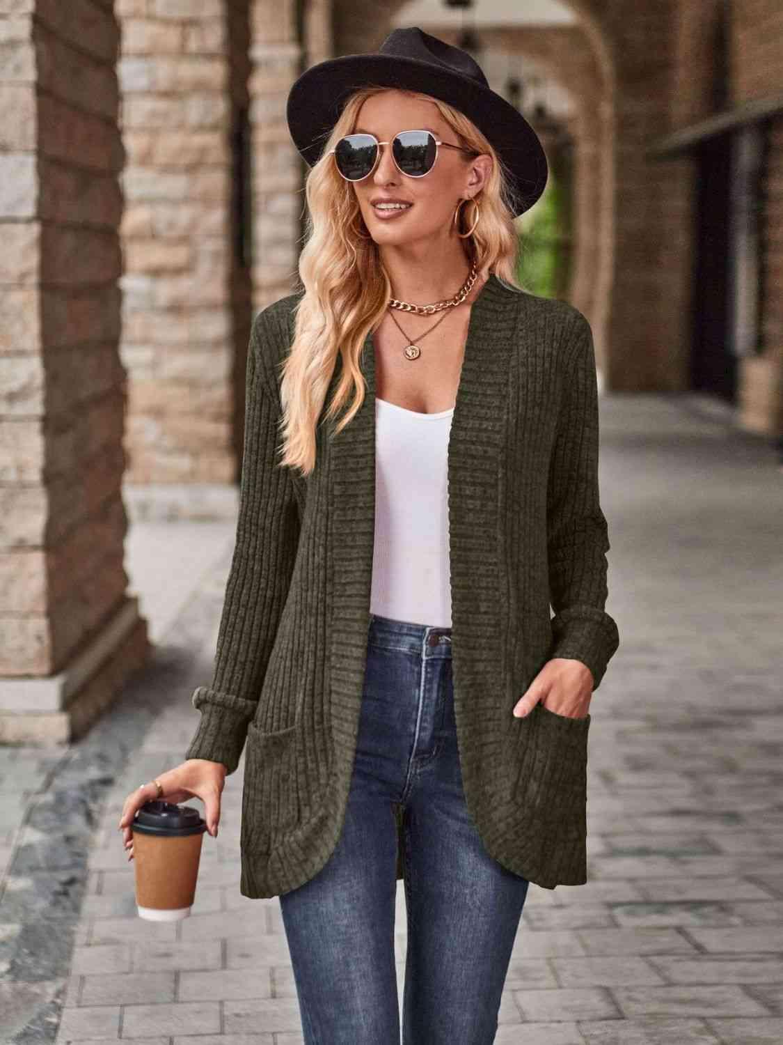 Open Front Cardigan with Pockets - Browngold Fashion