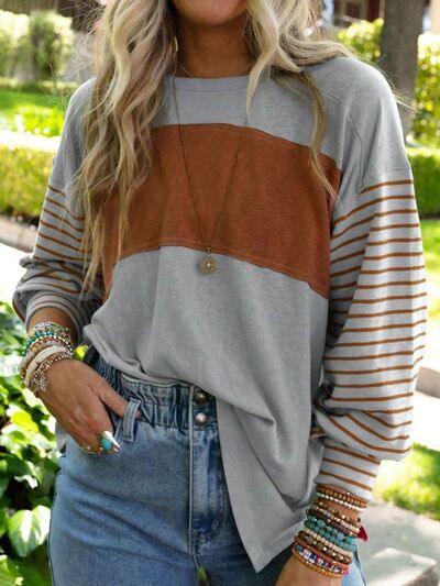 Round Neck Striped Long Sleeve Slit T-Shirt - Browngold Fashion