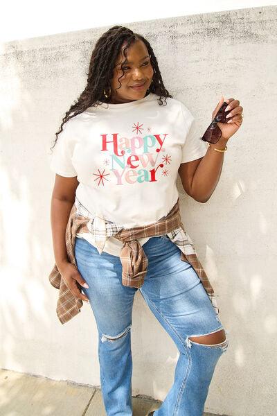 Simply Love Full Size HAPPY NEW YEAR Short Sleeve T-Shirt - Browngold Fashion