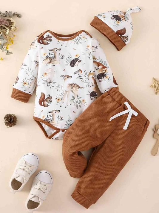 Baby Printed Bodysuit and Waffle-Knit Joggers Set - Browngold Fashion