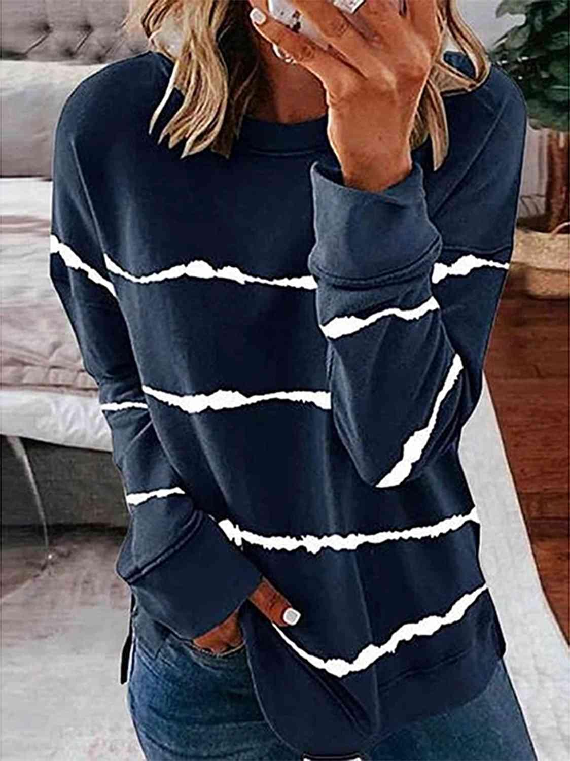 Striped Round Neck Sweatshirt - Browngold Fashion