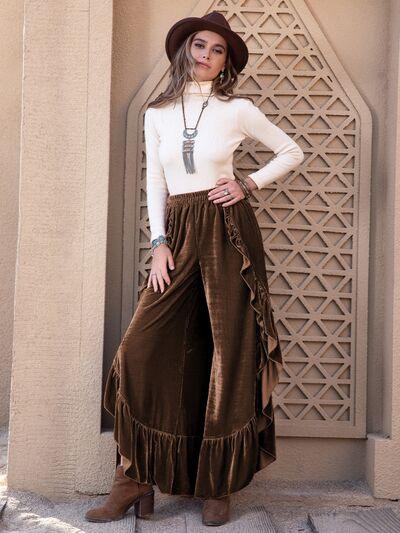 Ruffle Trim Wide Leg Slit Pants - Browngold Fashion