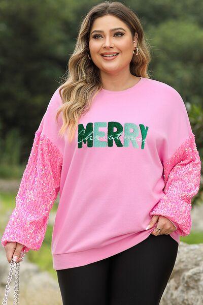 Plus Size MERRY CHRISTMAS Sequin Dropped Shoulder Sweatshirt - Browngold Fashion