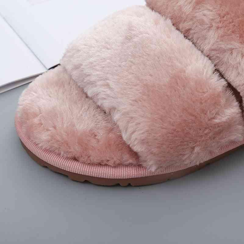 Faux Fur Open Toe Slippers - Browngold Fashion