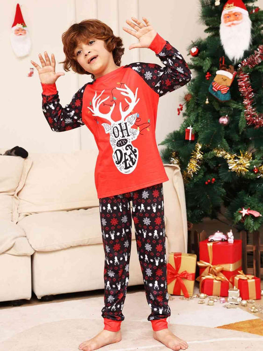 Reindeer Graphic Top and Pants Set - Browngold Fashion