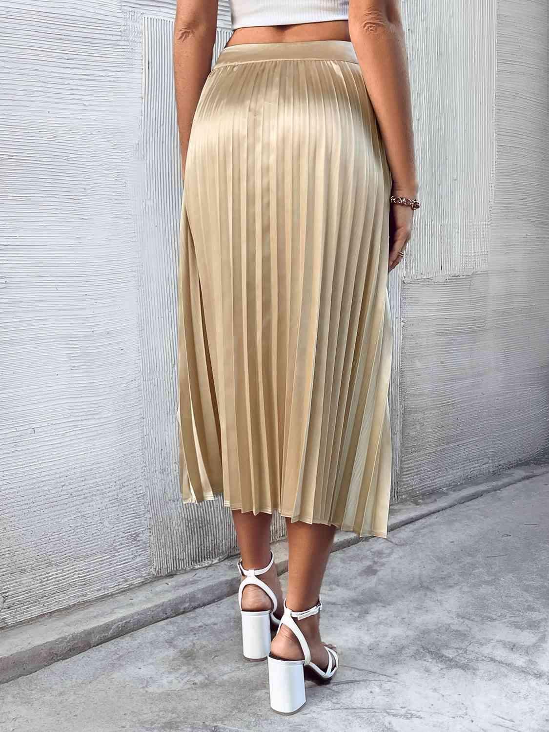 Pleated Midi Skirt - Browngold Fashion