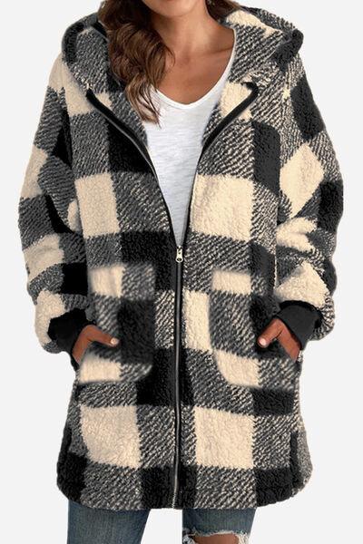 Double Take Full Size Plaid Long Sleeve Hooded Coat - Browngold Fashion