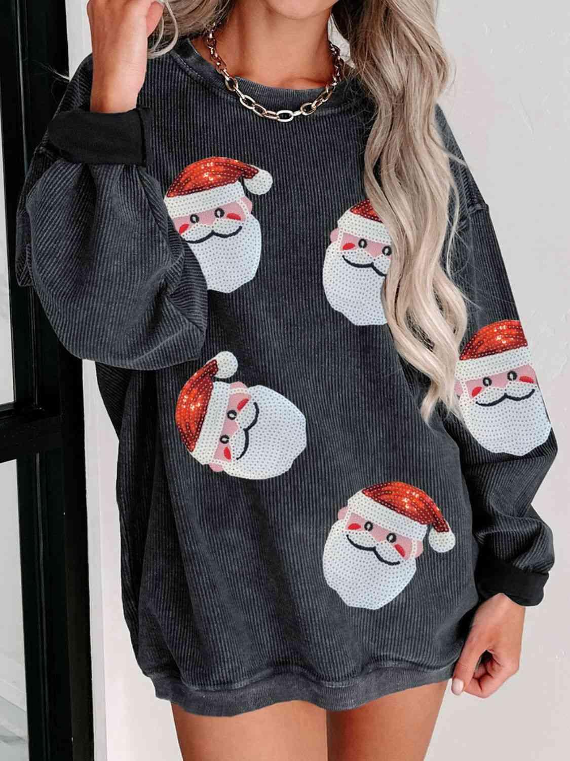 Sequin Santa Patch Ribbed Sweatshirt - Browngold Fashion