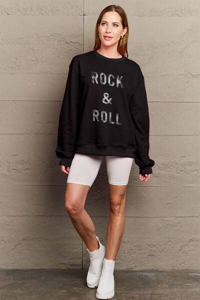 Simply Love Full Size ROCK & ROLL Round Neck Sweatshirt - Browngold Fashion