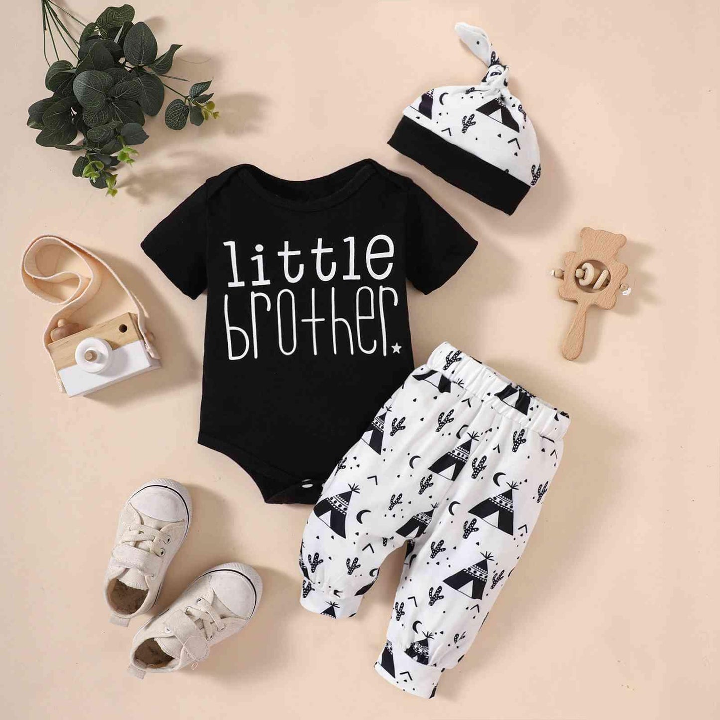 Baby LITTLE BROTHER Graphic Bodysuit and Printed Joggers Set - Browngold Fashion