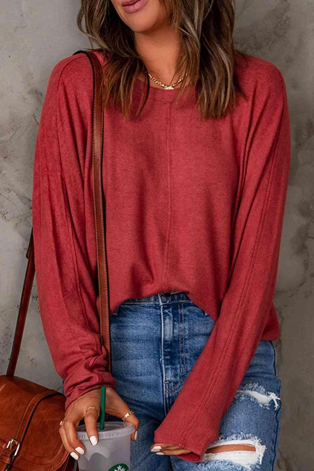 Seam Detail Round Neck Long Sleeve Top - Browngold Fashion