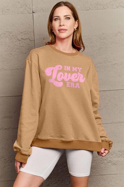 Simply Love Full Size IN MY LOVER ERA Round Neck Sweatshirt - Browngold Fashion