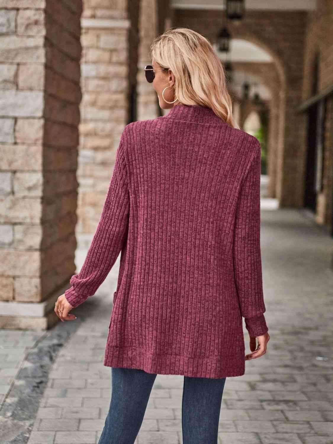 Open Front Cardigan with Pockets - Browngold Fashion