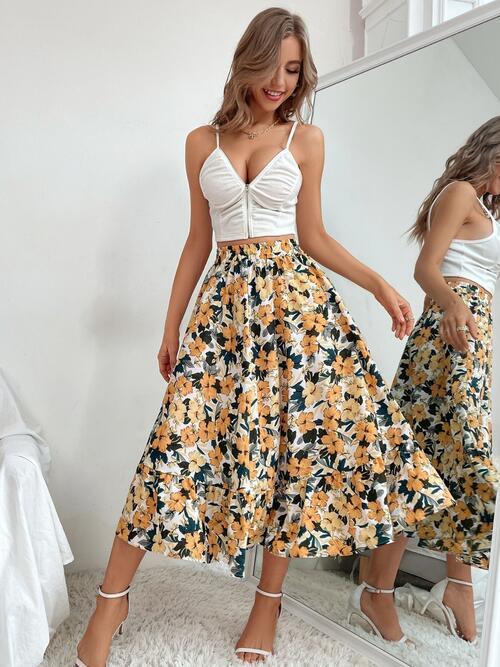 Printed Ruffle Hem Midi Skirt - Browngold Fashion