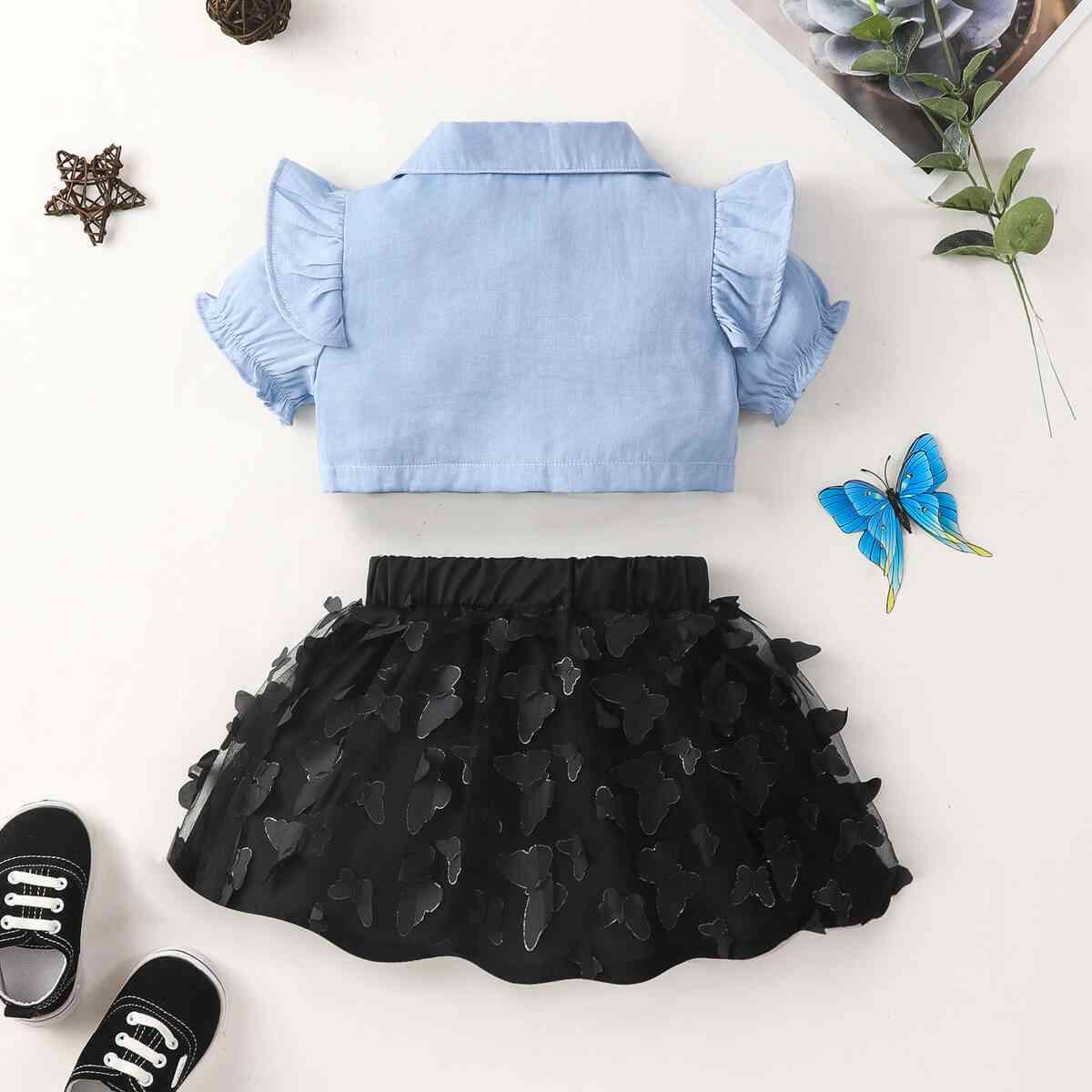 Ruffle Shoulder Shirt and Butterfly Applique Skirt Set - Browngold Fashion