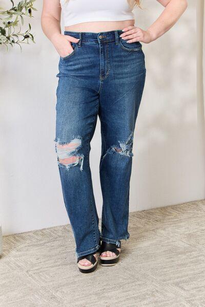 Judy Blue Full Size High Waist 90's Distressed Straight Jeans - Browngold Fashion