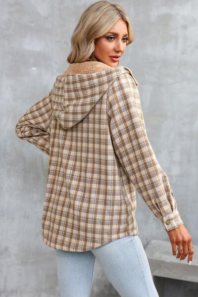 Plaid Snap Down Hooded Jacket - Browngold Fashion