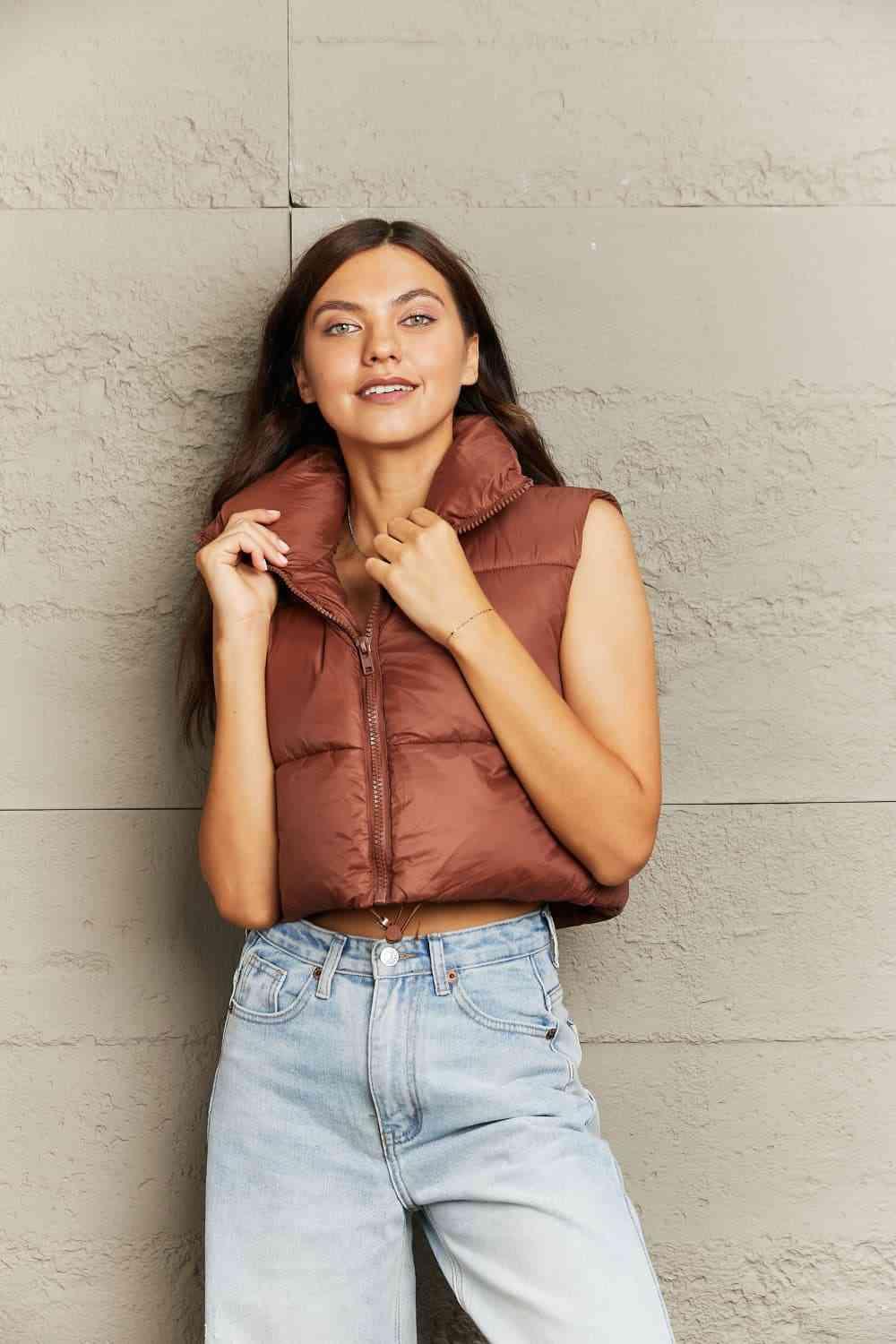 Zip-Up Drawstring Puffer Vest - Browngold Fashion