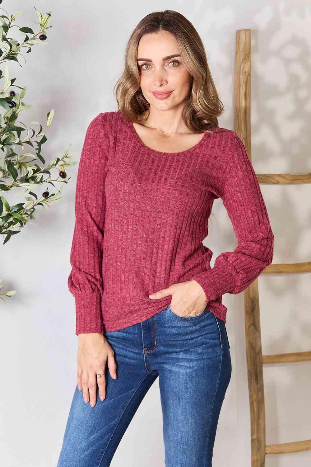 Double Take Ribbed Round Neck Lantern Sleeve Blouse - Browngold Fashion