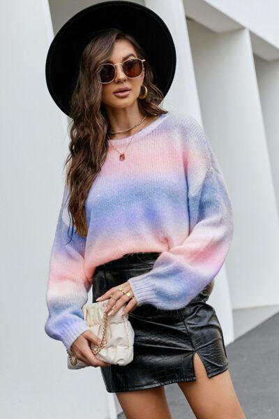 Gradient Round Neck Dropped Shoulder Sweater - Browngold Fashion