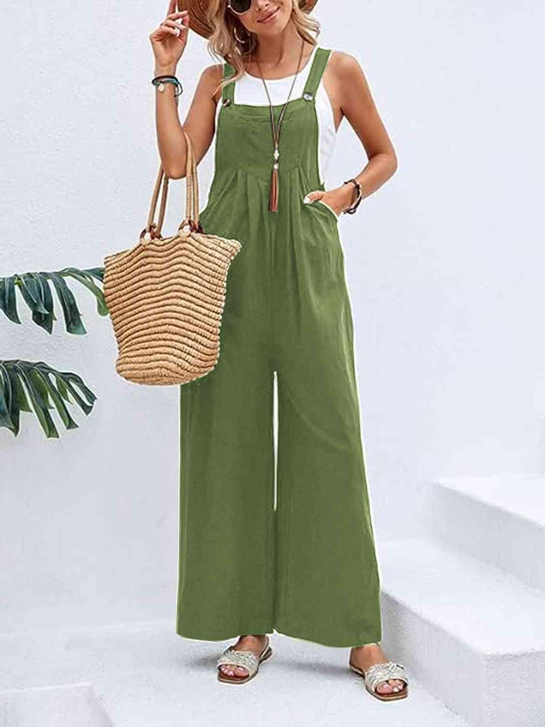 Full Size Wide Leg Overalls with Pockets - Browngold Fashion