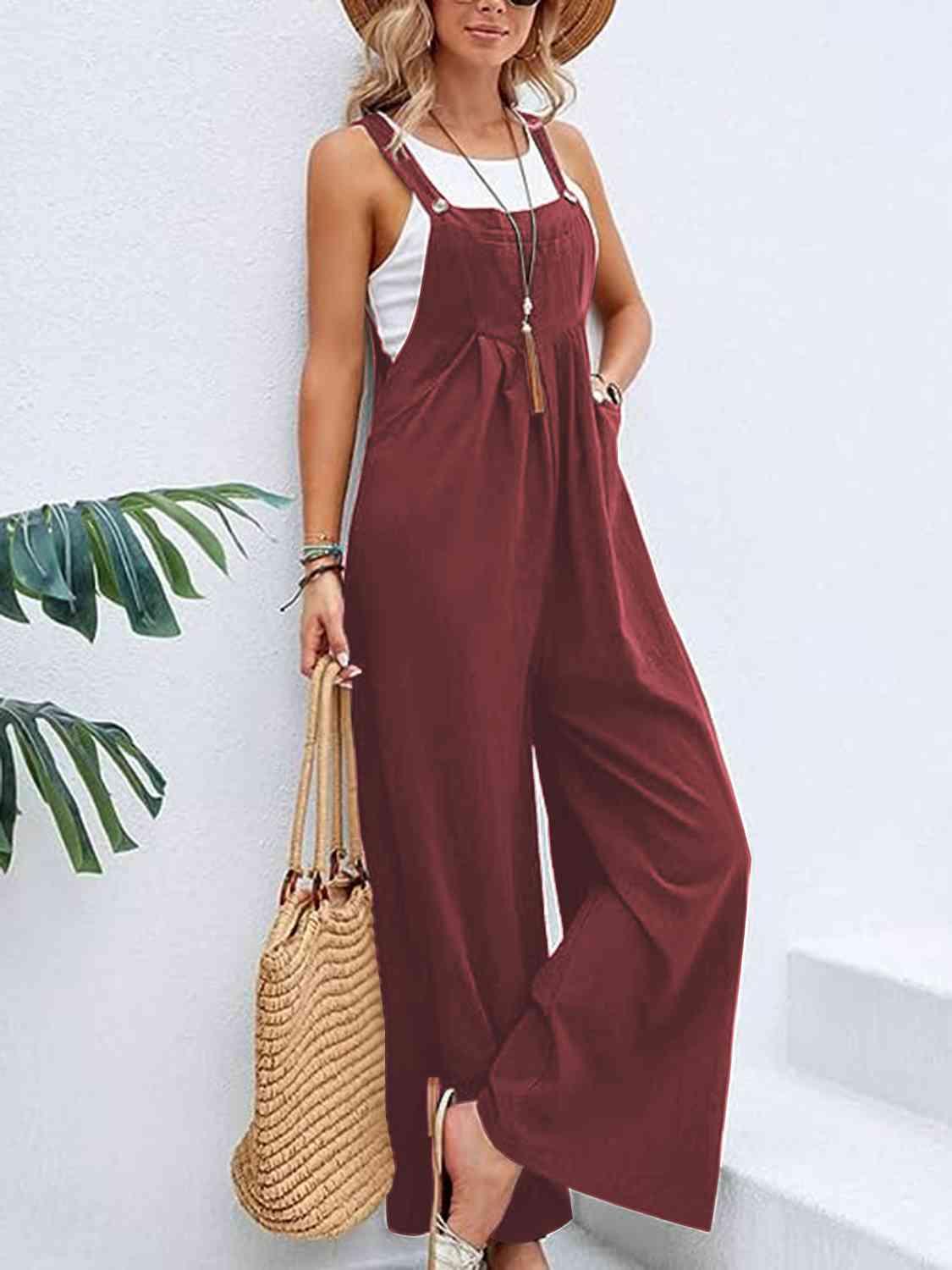 Full Size Wide Leg Overalls with Pockets - Browngold Fashion