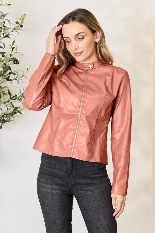 Mock Neck Zip Up Jacket - Browngold Fashion