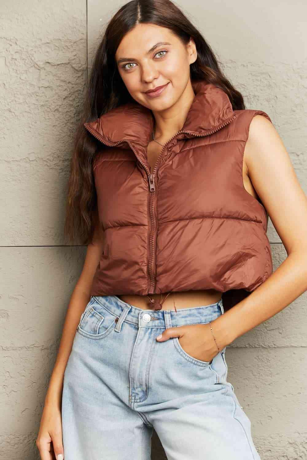 Zip-Up Drawstring Puffer Vest - Browngold Fashion