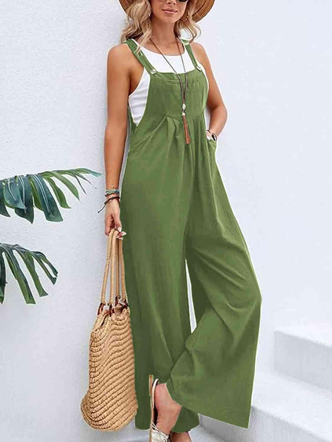 Full Size Wide Leg Overalls with Pockets - Browngold Fashion