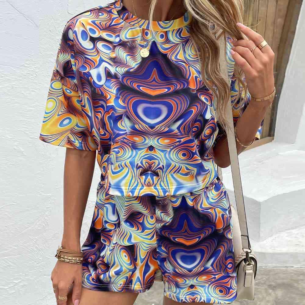 Printed Round Neck Dropped Shoulder Half Sleeve Top and Shorts Set - Browngold Fashion