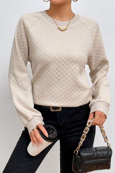 Texture Round Neck Long Sleeve Sweatshirt - Browngold Fashion