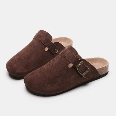 Suede Closed Toe Buckle Slide - Browngold Fashion