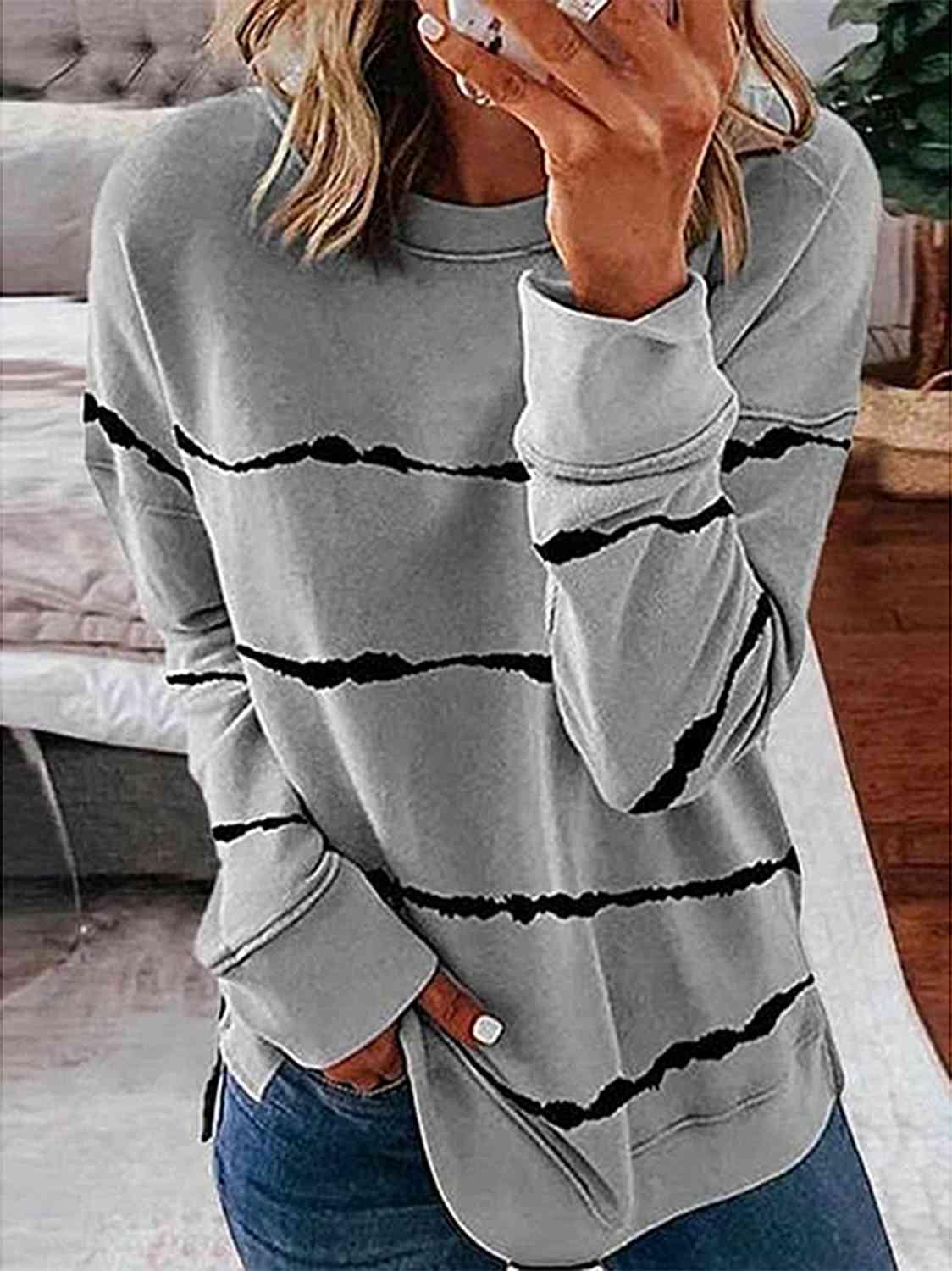 Striped Round Neck Sweatshirt - Browngold Fashion